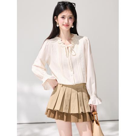 FA55855# 春季新款木耳边法式独特长袖衬衫女设计感百搭通勤上衣 服裝批發女裝批發服飾貨源