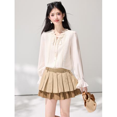 FA55855# 春季新款木耳边法式独特长袖衬衫女设计感百搭通勤上衣 服裝批發女裝批發服飾貨源