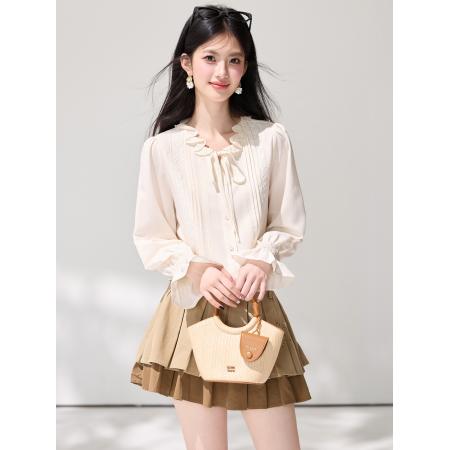 FA55855# 春季新款木耳边法式独特长袖衬衫女设计感百搭通勤上衣 服裝批發女裝批發服飾貨源