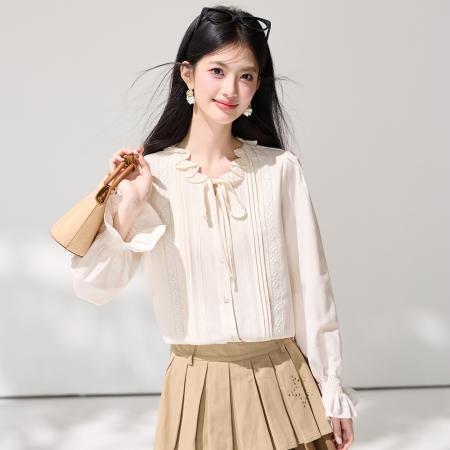 FA55855# 春季新款木耳边法式独特长袖衬衫女设计感百搭通勤上衣 服裝批發女裝批發服飾貨源