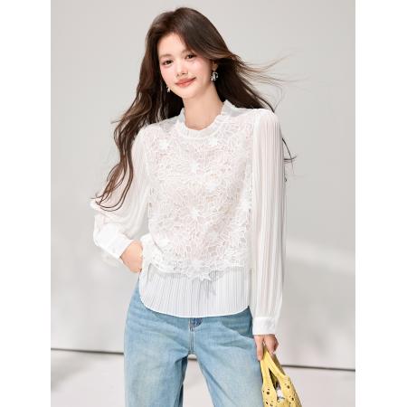 FA55856# 春新款气质显瘦立领衬衫木耳边刺绣拼接套头长袖蕾丝衫 服裝批發女裝批發服飾貨源