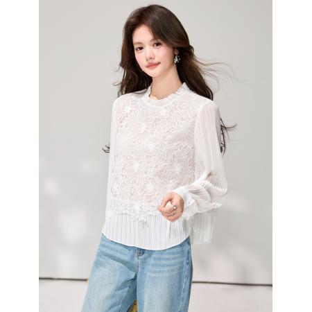 FA55856# 春新款气质显瘦立领衬衫木耳边刺绣拼接套头长袖蕾丝衫 服裝批發女裝批發服飾貨源