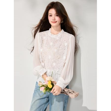 FA55856# 春新款气质显瘦立领衬衫木耳边刺绣拼接套头长袖蕾丝衫 服裝批發女裝批發服飾貨源