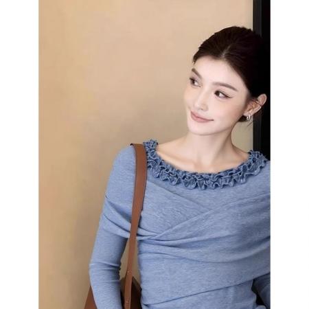 FA55858# 法式温柔风蓝色花边领打底衫女内搭秋冬款显瘦甜辣妹长袖小众上衣 服裝批發女裝批發服飾貨源