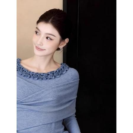 FA55858# 法式温柔风蓝色花边领打底衫女内搭秋冬款显瘦甜辣妹长袖小众上衣 服裝批發女裝批發服飾貨源