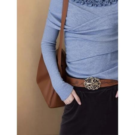 FA55858# 法式温柔风蓝色花边领打底衫女内搭秋冬款显瘦甜辣妹长袖小众上衣 服裝批發女裝批發服飾貨源