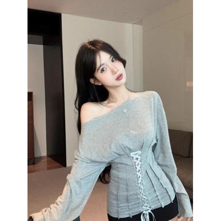 FA55859# 纯欲辣妹性感小众绑带鱼骨束腰上衣女设计独特斜领露肩长袖T恤ins 服裝批發女裝批發服飾貨源