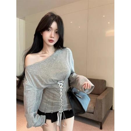FA55859# 纯欲辣妹性感小众绑带鱼骨束腰上衣女设计独特斜领露肩长袖T恤ins 服裝批發女裝批發服飾貨源