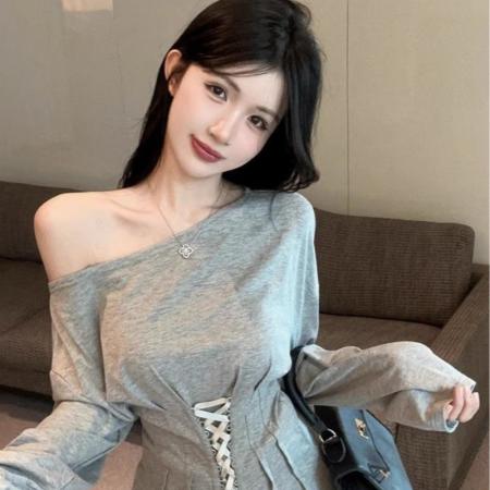 FA55859# 纯欲辣妹性感小众绑带鱼骨束腰上衣女设计独特斜领露肩长袖T恤ins 服裝批發女裝批發服飾貨源