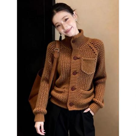 FA55861# 韩版高级感复古风咖色单排扣针织开女春季氛围感穿搭时尚百搭 服裝批發女裝批發服飾貨源