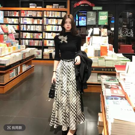 FA55862# 优雅刺绣针织衫上衣+黑白格半身裙中长款裙子秋季穿搭一整套 服裝批發女裝批發服飾貨源