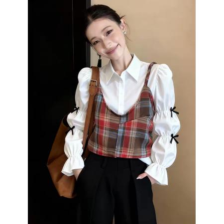 FA55864# 韩系高级感复古温柔风白色长袖女春季新款格纹吊带两件套女 服裝批發女裝批發服飾貨源