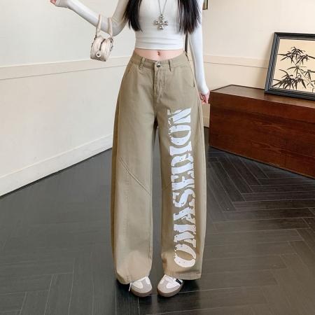 FA55867# 美式复古辣妹设计感印花工装裤女春季宽松休闲阔腿长裤 服裝批發女裝批發服飾貨源