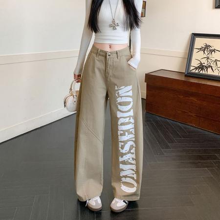 FA55867# 美式复古辣妹设计感印花工装裤女春季宽松休闲阔腿长裤 服裝批發女裝批發服飾貨源