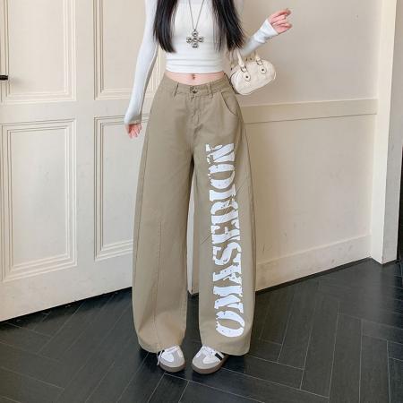 FA55867# 美式复古辣妹设计感印花工装裤女春季宽松休闲阔腿长裤 服裝批發女裝批發服飾貨源