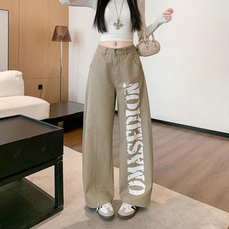 FA55867# 美式复古辣妹设计感印花工装裤女春季宽松休闲阔腿长裤 服裝批發女裝批發服飾貨源