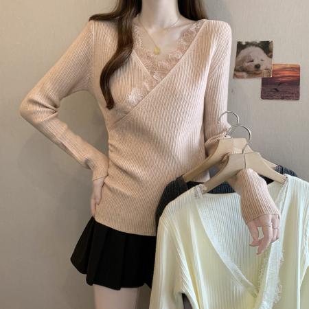 FA55869# 蕾丝V领针织衫女新款爆款秋冬大码胖mm打底衫巨好看上衣 服裝批發女裝批發服飾貨源