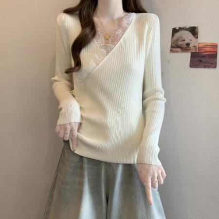 FA55869# 蕾丝V领针织衫女新款爆款秋冬大码胖mm打底衫巨好看上衣 服裝批發女裝批發服飾貨源