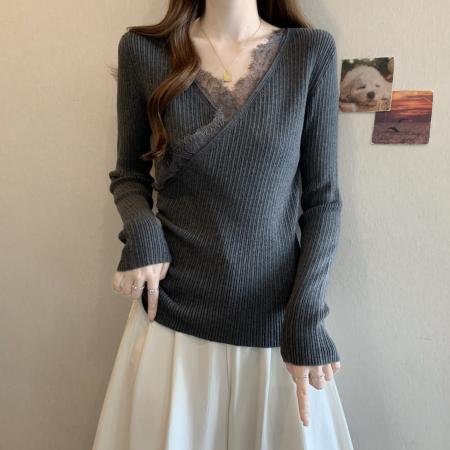 FA55869# 蕾丝V领针织衫女新款爆款秋冬大码胖mm打底衫巨好看上衣 服裝批發女裝批發服飾貨源