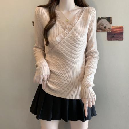 FA55869# 蕾丝V领针织衫女新款爆款秋冬大码胖mm打底衫巨好看上衣 服裝批發女裝批發服飾貨源