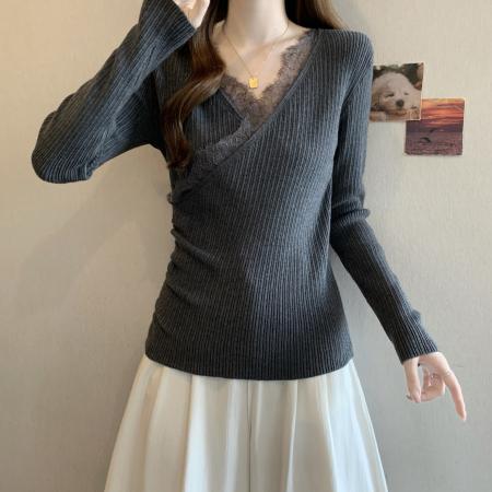 FA55869# 蕾丝V领针织衫女新款爆款秋冬大码胖mm打底衫巨好看上衣 服裝批發女裝批發服飾貨源