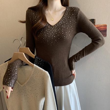 FA55870# 韩系v领镶钻...