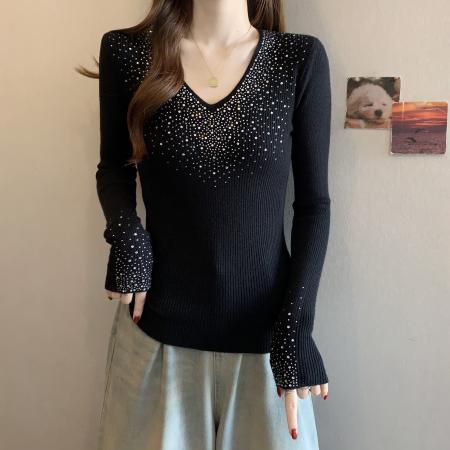 FA55870# 韩系v领镶钻长袖针织打底衫女秋冬季毛衣纯欲修身内搭小香风上衣 服裝批發女裝批發服飾貨源