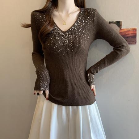 FA55870# 韩系v领镶钻长袖针织打底衫女秋冬季毛衣纯欲修身内搭小香风上衣 服裝批發女裝批發服飾貨源