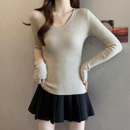 FA55870# 韩系v领镶钻长袖针织打底衫女秋冬季毛衣纯欲修身内搭小香风上衣 服裝批發女裝批發服飾貨源