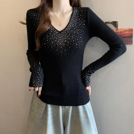 FA55870# 韩系v领镶钻长袖针织打底衫女秋冬季毛衣纯欲修身内搭小香风上衣 服裝批發女裝批發服飾貨源