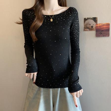 FA55871# 亮闪闪烫钻一字领针织衫女高级感钻饰内搭打底衫休闲毛衣上衣 服裝批發女裝批發服飾貨源