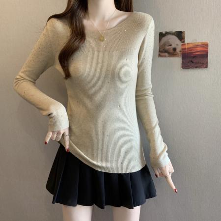 FA55871# 亮闪闪烫钻一字领针织衫女高级感钻饰内搭打底衫休闲毛衣上衣 服裝批發女裝批發服飾貨源