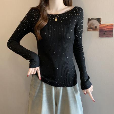 FA55871# 亮闪闪烫钻一字领针织衫女高级感钻饰内搭打底衫休闲毛衣上衣 服裝批發女裝批發服飾貨源