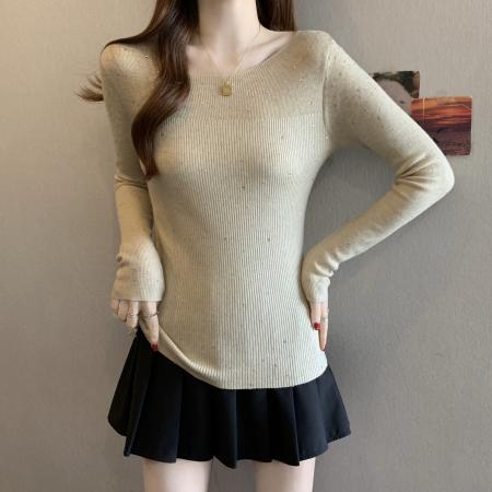 FA55871# 亮闪闪烫钻一字领针织衫女高级感钻饰内搭打底衫休闲毛衣上衣 服裝批發女裝批發服飾貨源