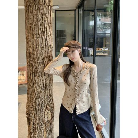 FA55873# 大码法式甜辣风花边V领长袖打底衫小碎花上衣 服裝批發女裝批發服飾貨源