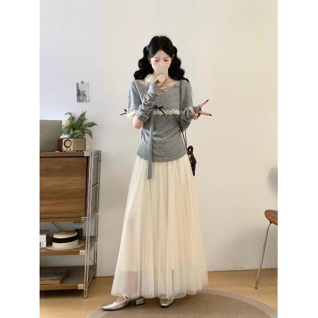 FA55874# 大码早春搭配一整套超好看飘带挂脖漂亮小衫半身裙两件套 服裝批發女裝批發服飾貨源