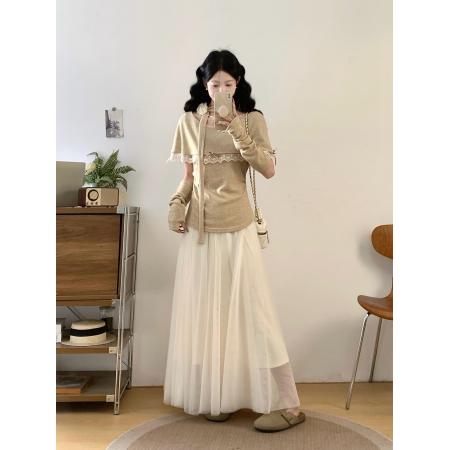 FA55874# 大码早春搭配一整套超好看飘带挂脖漂亮小衫半身裙两件套 服裝批發女裝批發服飾貨源