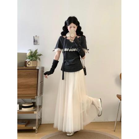 FA55874# 大码早春搭配一整套超好看飘带挂脖漂亮小衫半身裙两件套 服裝批發女裝批發服飾貨源