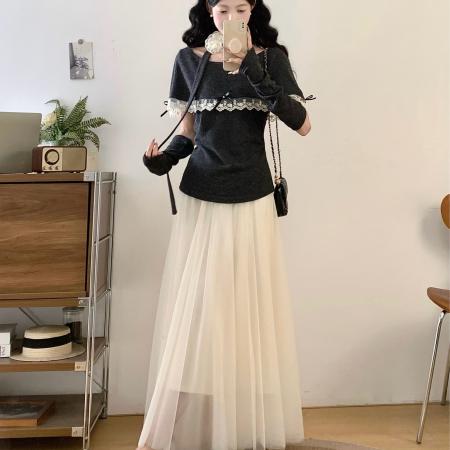 FA55874# 大码早春搭配一整套超好看飘带挂脖漂亮小衫半身裙两件套 服裝批發女裝批發服飾貨源