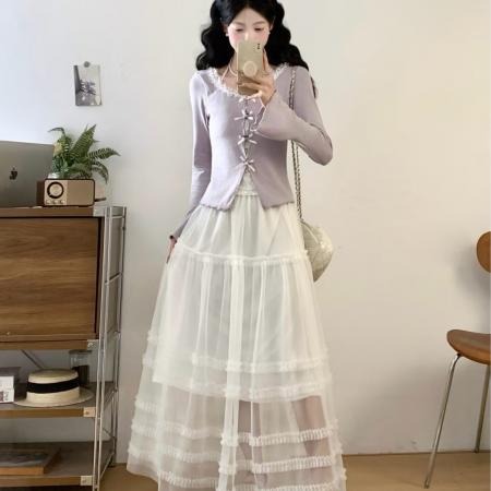 FA55875# 纯欲蕾丝花边方领长袖t恤女秋辣妹修身显瘦绝美上衣加半身裙 服裝批發女裝批發服飾貨源