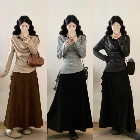 FA55876# 大码花朵针织衫上衣女装半身裙套装新款春季穿搭两件套 服裝批發女裝批發服飾貨源