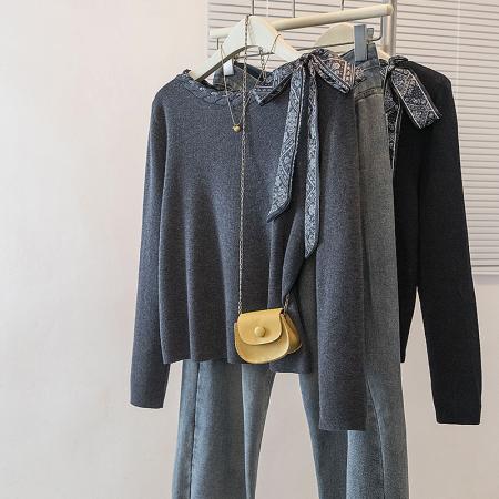 FA55877# 大码女装新款韩系设计感丝巾绑带长袖针织衫搭打底衫毛衣上衣 服裝批發女裝批發服飾貨源