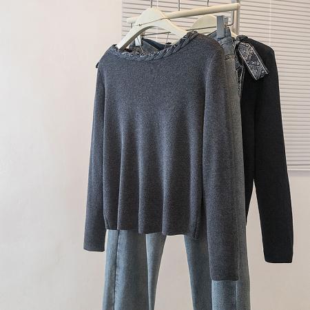 FA55877# 大码女装新款韩系设计感丝巾绑带长袖针织衫搭打底衫毛衣上衣 服裝批發女裝批發服飾貨源