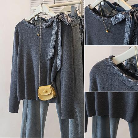 FA55877# 大码女装新款韩系设计感丝巾绑带长袖针织衫搭打底衫毛衣上衣 服裝批發女裝批發服飾貨源