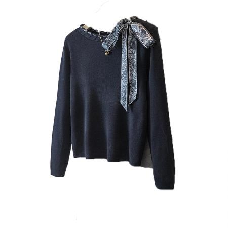 FA55877# 大码女装新款韩系设计感丝巾绑带长袖针织衫搭打底衫毛衣上衣 服裝批發女裝批發服飾貨源