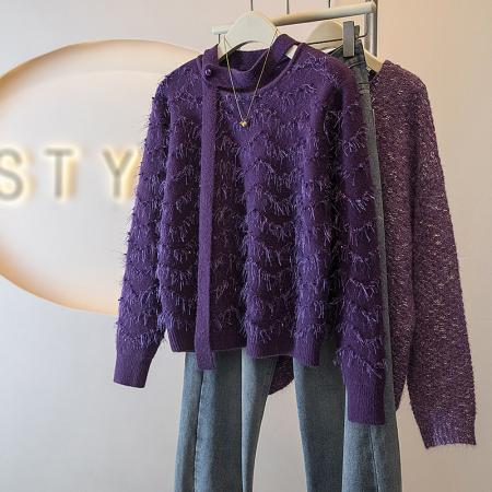 FA55878# 大码女装新款韩版勾流苏圆领毛衣轻奢高级软糯针织衫别致上衣 服裝批發女裝批發服飾貨源