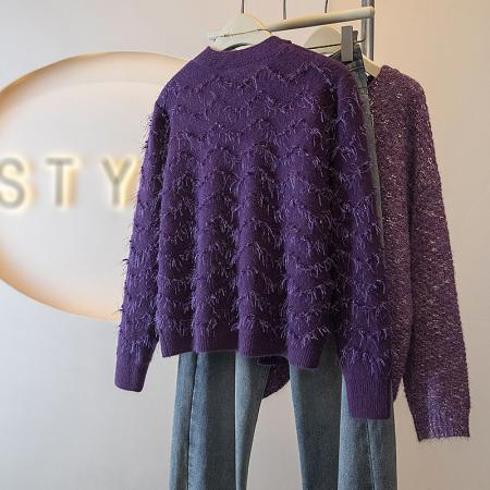 FA55878# 大码女装新款韩版勾流苏圆领毛衣轻奢高级软糯针织衫别致上衣 服裝批發女裝批發服飾貨源