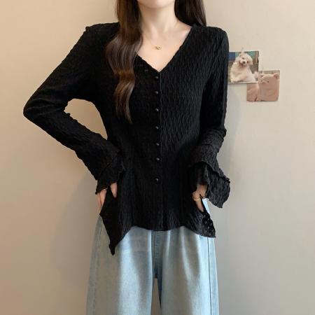 FA55879# 春装新款胖mm大码女法式修身压褶收腰喇叭袖v领衬衫上衣 服裝批發女裝批發服飾貨源