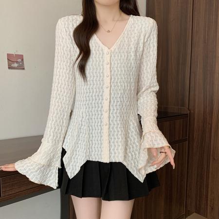 FA55879# 春装新款胖mm大码女法式修身压褶收腰喇叭袖v领衬衫上衣 服裝批發女裝批發服飾貨源