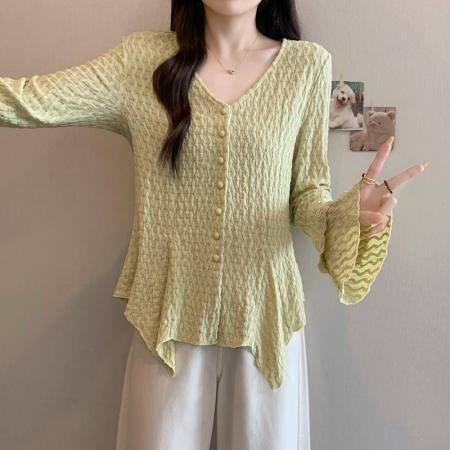 FA55879# 春装新款胖mm大码女法式修身压褶收腰喇叭袖v领衬衫上衣 服裝批發女裝批發服飾貨源